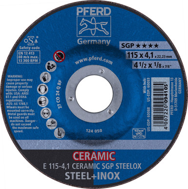 Opens dialog PFERD 60088 4-1/2" x 1/8 Grinding Wheel, 7/8" A.H. CERAMIC SGP STEELOX - Type 27 (10pk)