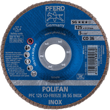 Opens dialog PFERD 60813 5" x 7/8" POLIFAN Flap Disc - Conical CO-FREEZE SG INOX Ceramic Oxide 36G (10pk)