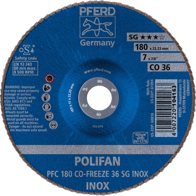 Opens dialog PFERD 60816 7" x 7/8" POLIFAN Flap Disc - Conical CO-FREEZE SG INOX Ceramic Oxide 36G (10pk)