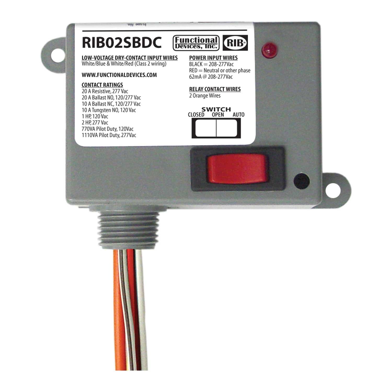 Functional Devices RIB02SBDC Dry Contact Relay 20 Amp SPST NO Override Class 2 Dry Contact Input 208-277 Vac