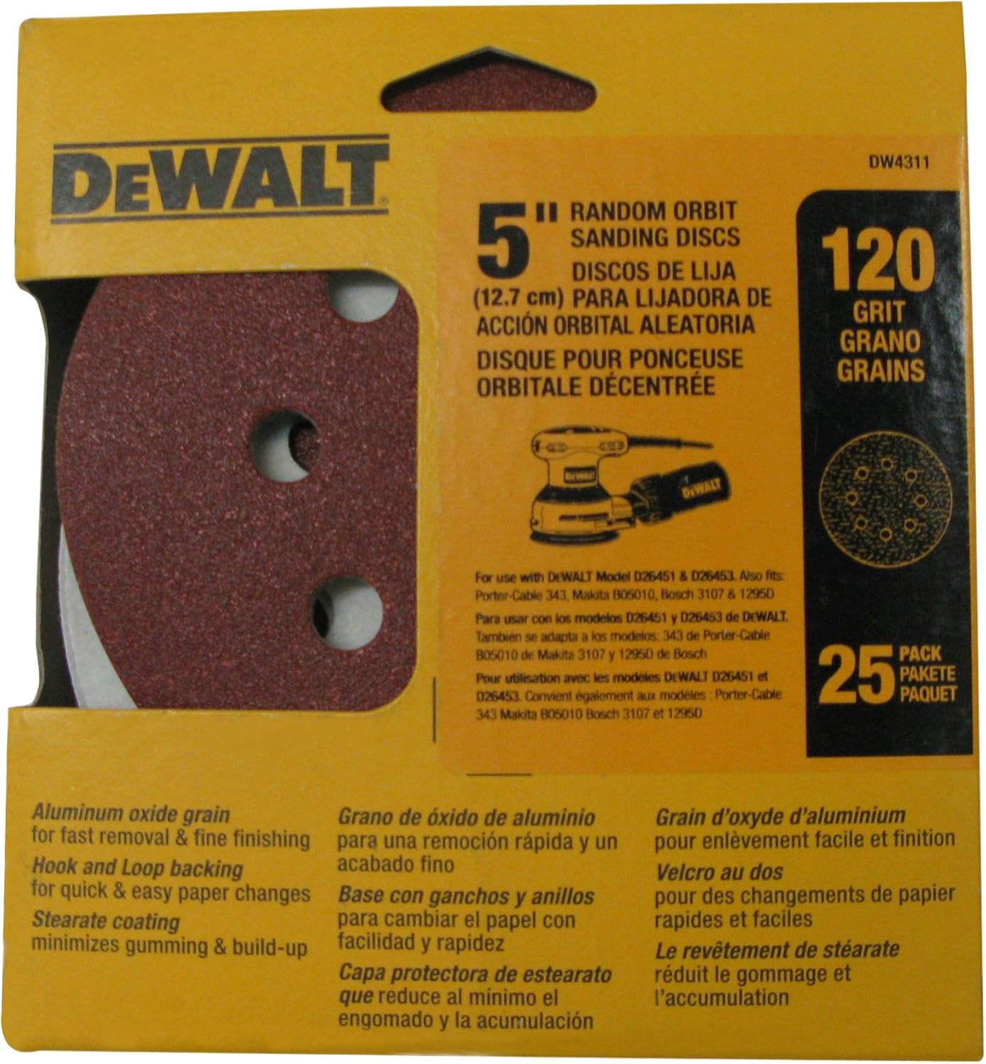 Dewalt DW4311 5-Inch 8 Hole 120 Grit Hook and Loop Random Orbit Sandpaper 25-Pack