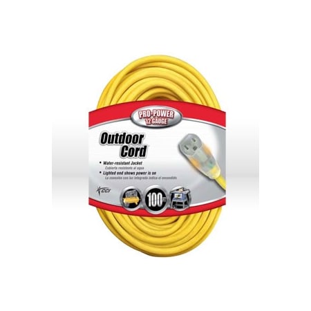 Coleman Cable 02589SW-0002 Lighted Extension Cord 12/3 Sjtw 100 Feet 15 Amps 125V Yellow