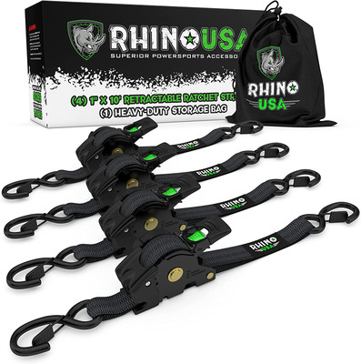 Rhino USA Retractable Ratchet Straps (4pk 1inx10ft) (Black) (RETRACTABLE-1X10-4PK)