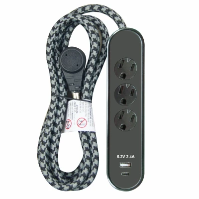 3-outlet Power Cord With Usb Charger – 6 Feet, Black