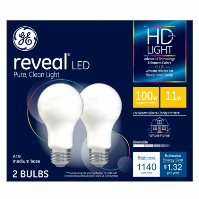 Hd+ Reveal Led Light Bulb, A19 Mid Base, 1600 Lumens, 10.5 Watt, 2-pk.