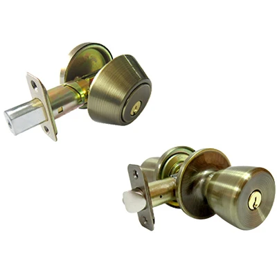 Antique Brass Combination Lockset With Keyed Tubular Entry Lockset And Deadbolt