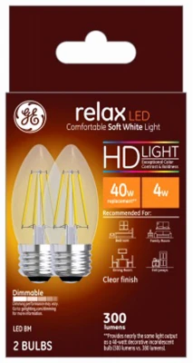 Relax Hd Soft White Led Bulbs, 4w, Clear, 300 Lumens, 2-pack