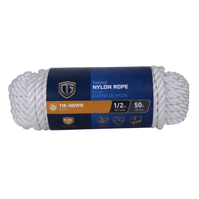 Durable 1/2-inch White Twisted Nylon Rope - 50 Feet