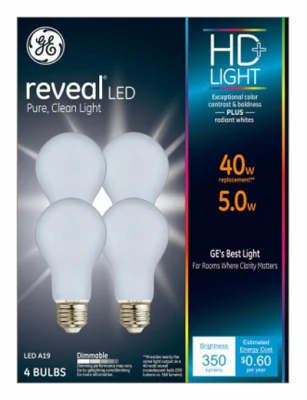 Reveal Hd Led Light Bulbs, Frosted White, 4 Watt, 450 Lumens, 4-pk.