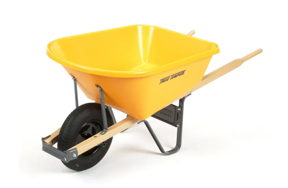 6 Cubic Foot Poly Wheelbarrow With Wood Handles And Flat Free Tires
