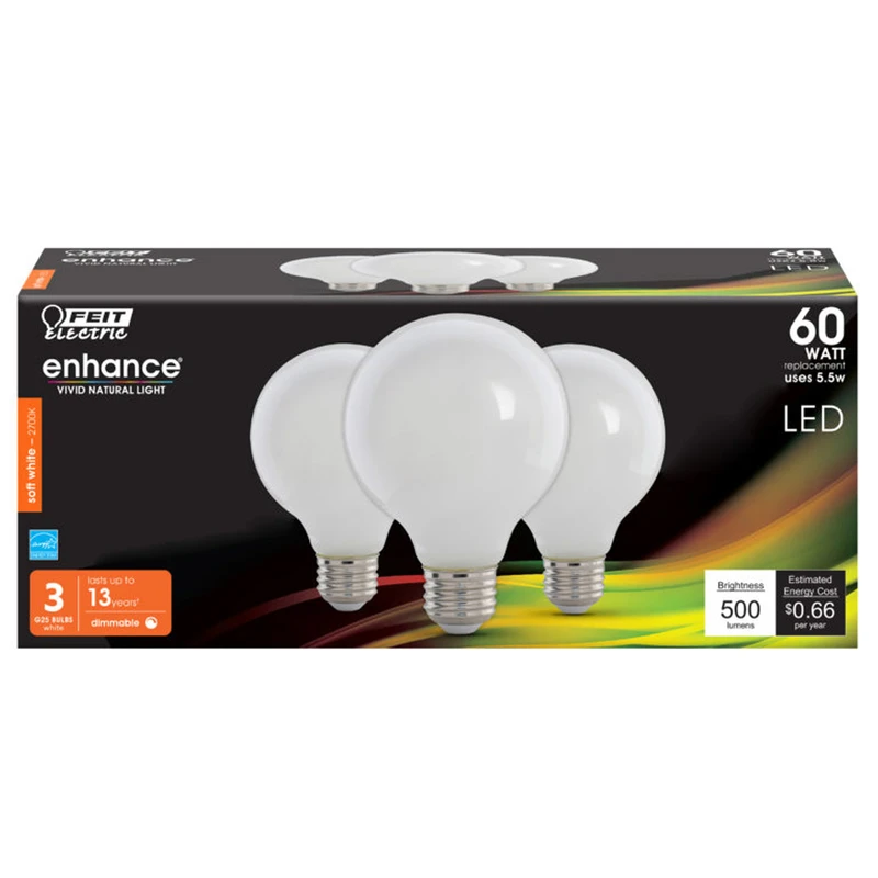 60-watt Equivalent G25 Dimmable Filament Cec Title 20 Led Energy Star 90+ Cri White Glass Light Bulb Soft White (3-pack)