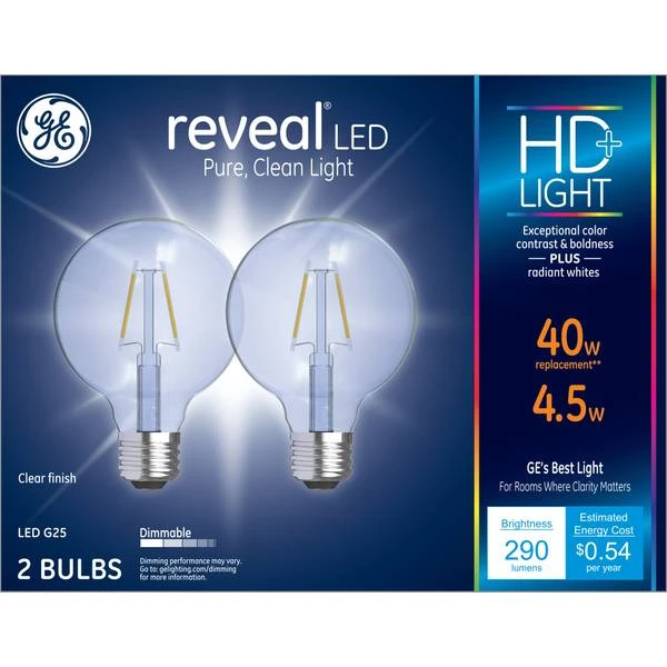 Reveal Led Globe Light Bulbs, Bent Tip, 290 Lumens, 4.5 Watt, 2-pk.