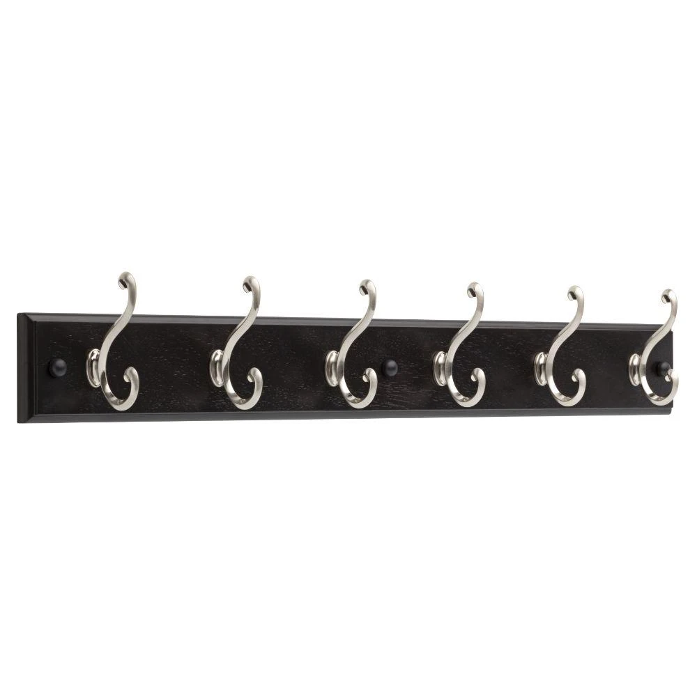 27 Inch Black Hook Rail With 6 Satin Nickel Hooks For Entryways And Closets