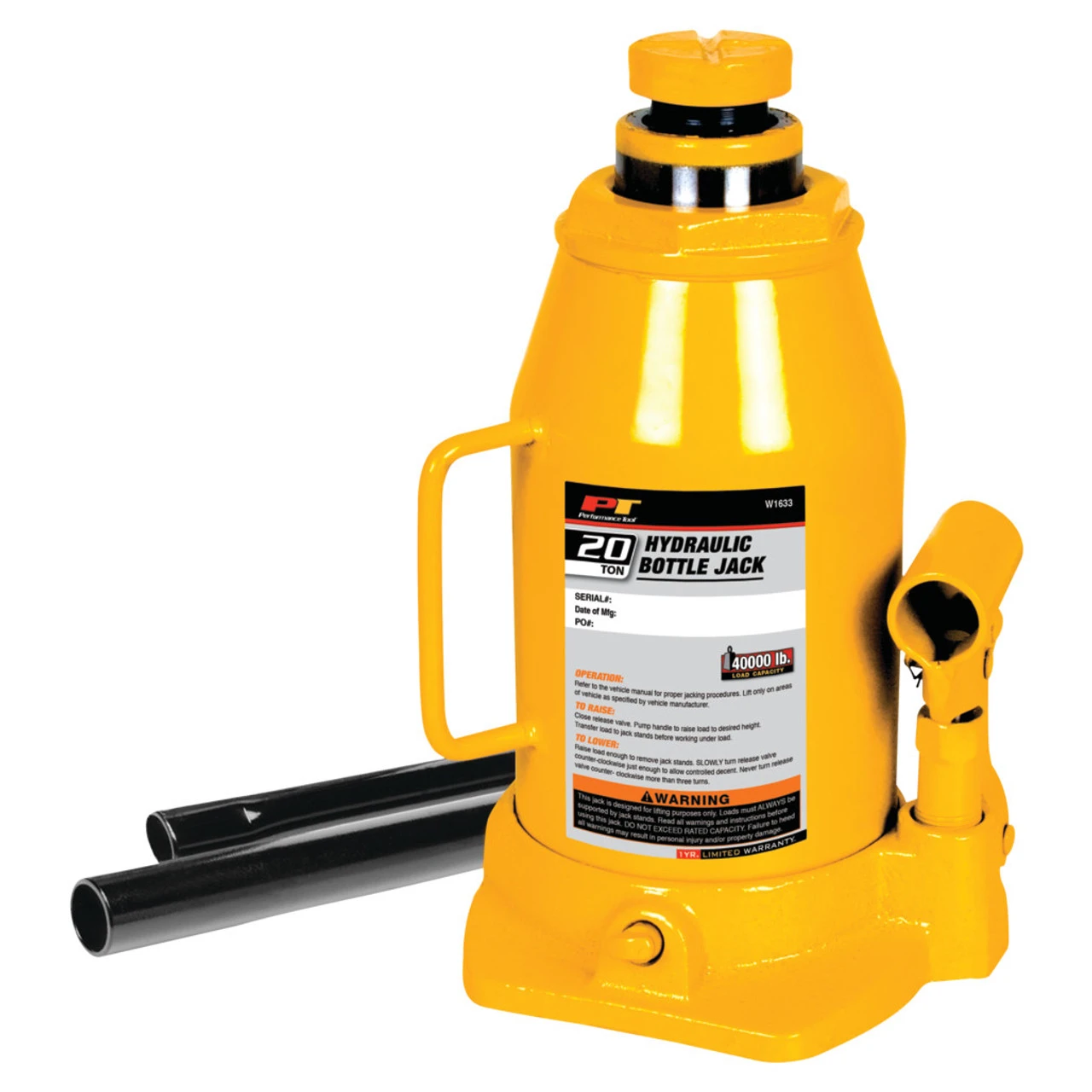 20-ton Hydraulic Bottle Jack With 40,000 Lb Capacity And Adjustable Lift Range