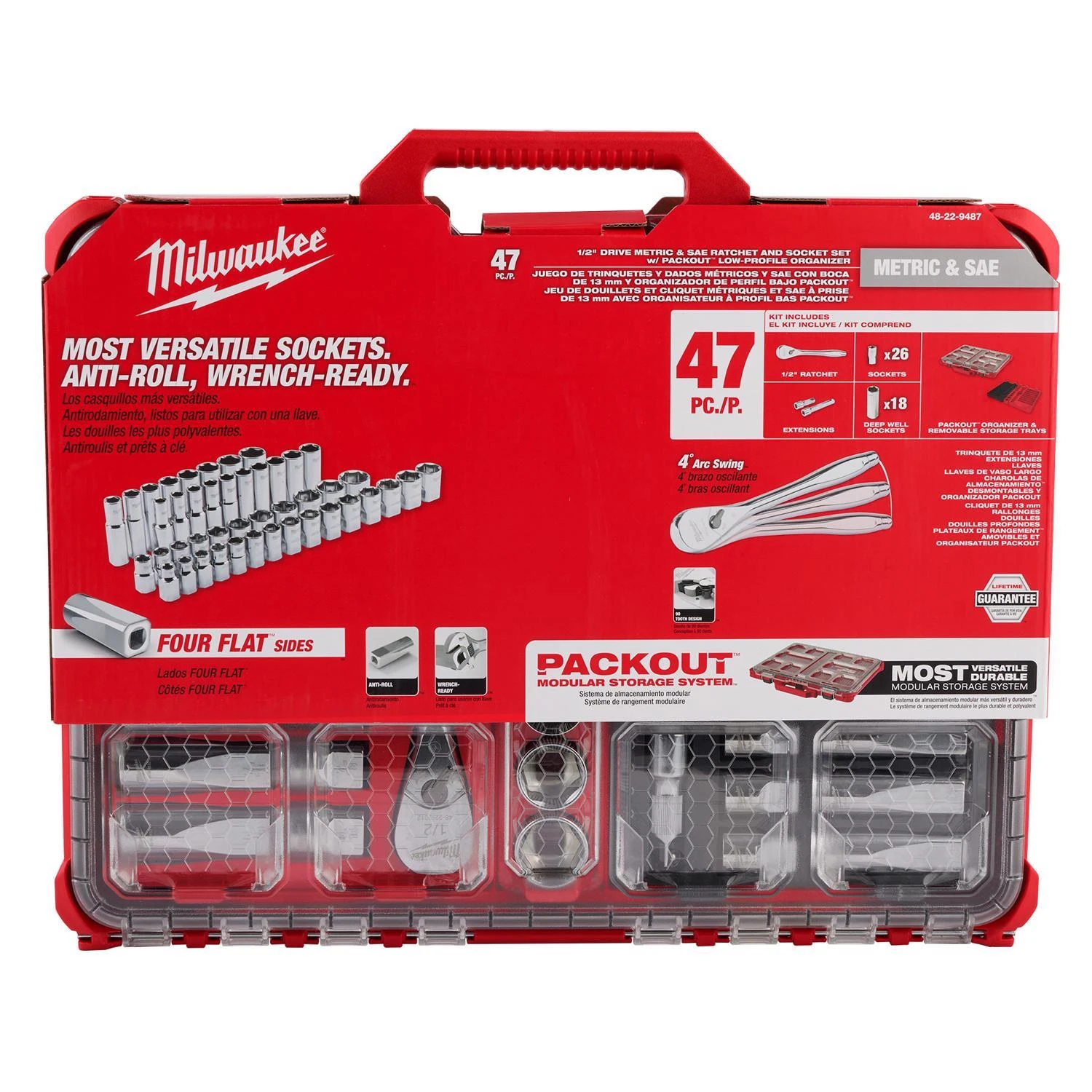 Mwk48-22-9487 0.5 In. Ratchet & Socket Sets, Red - 47 Piece