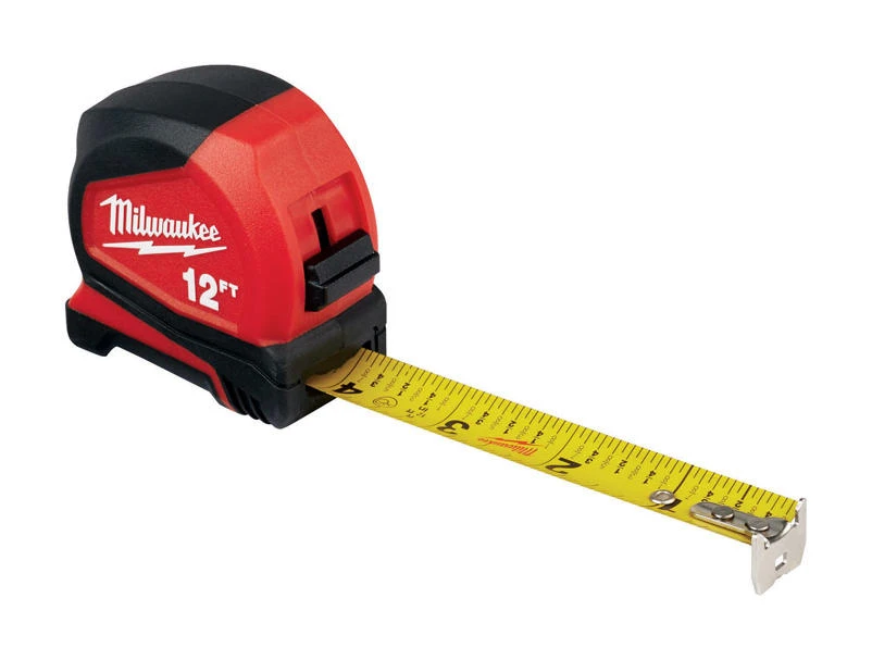 Milwaukee Compact 12‑foot Tape Measure With Belt Clip – Black/red