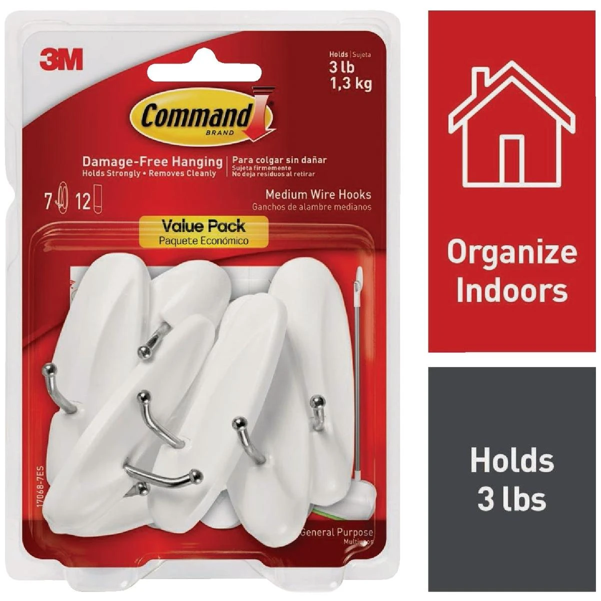 Medium Wire Hook Value Pack, White, 7 Hooks, 12 Strips