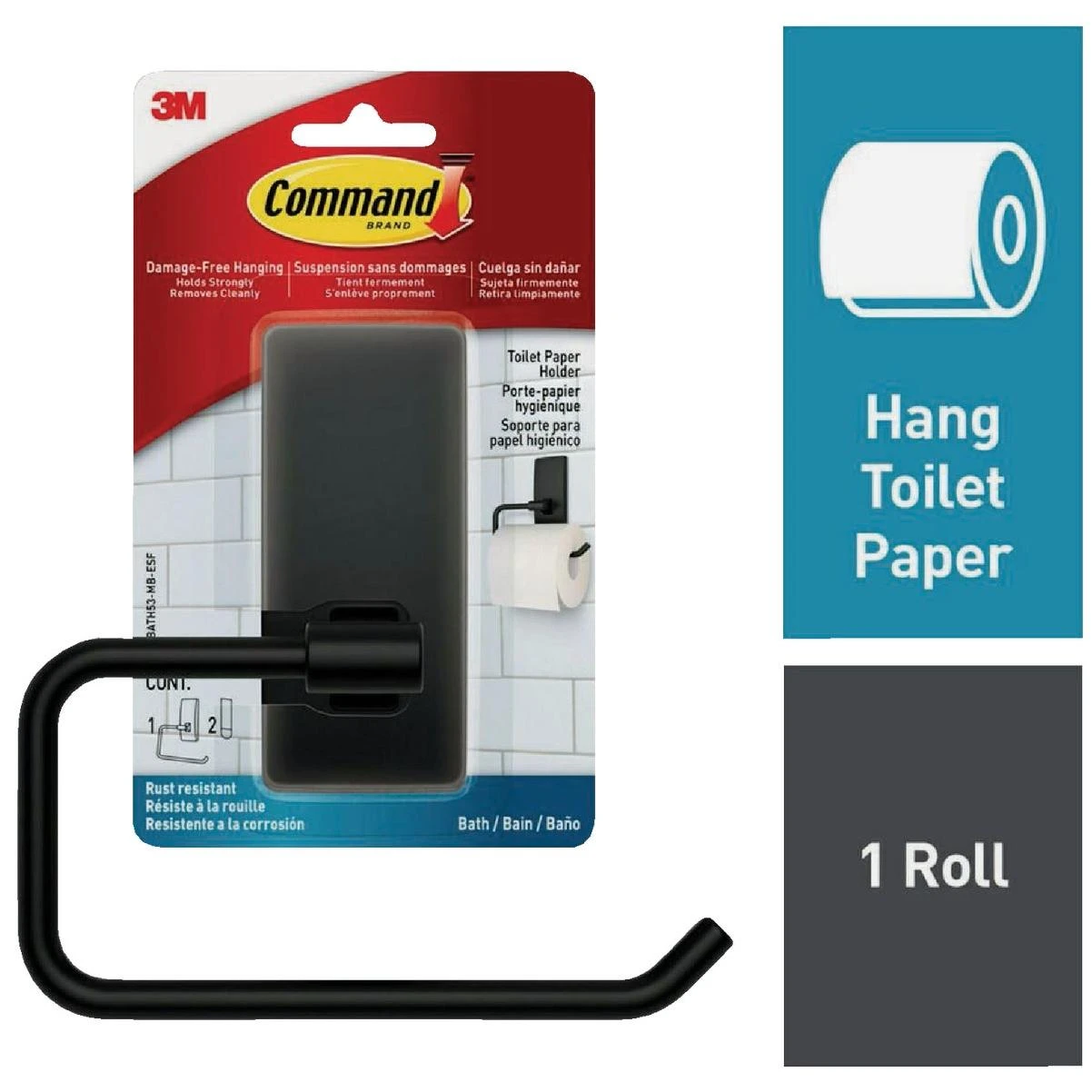 Bath Matte Black Adhesive Toilet Paper Holder, 2 Strips