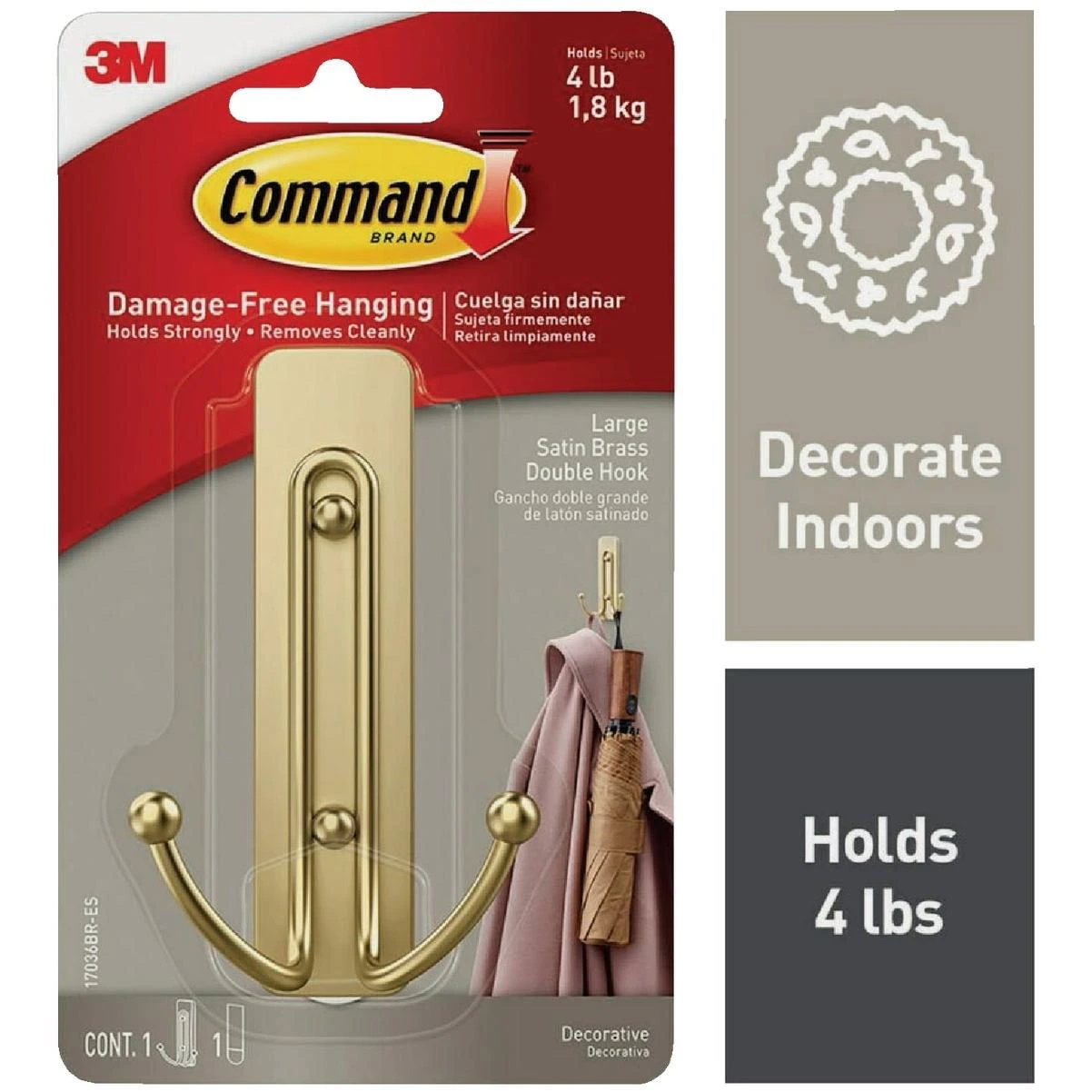 Large Decorative Double Hook, Satin Brass, 1 Hook, 1 Strip