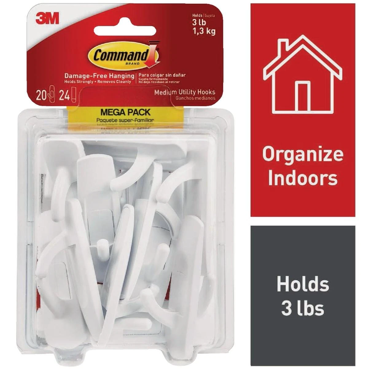 Medium Utility Hook Mega Pack, White, 20 Hooks, 24 Strips