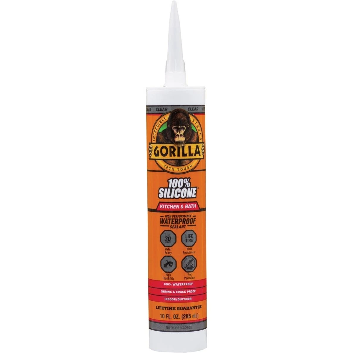Gorilla Clear Silicone Kitchen & Bath Sealant – 10 oz Cartridge, 24‑hour Cure